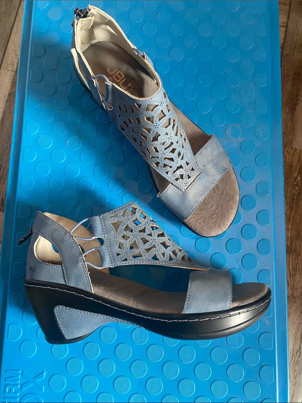 JBU Light Blue Laser Cut Wedge Sandals with Back Zipper